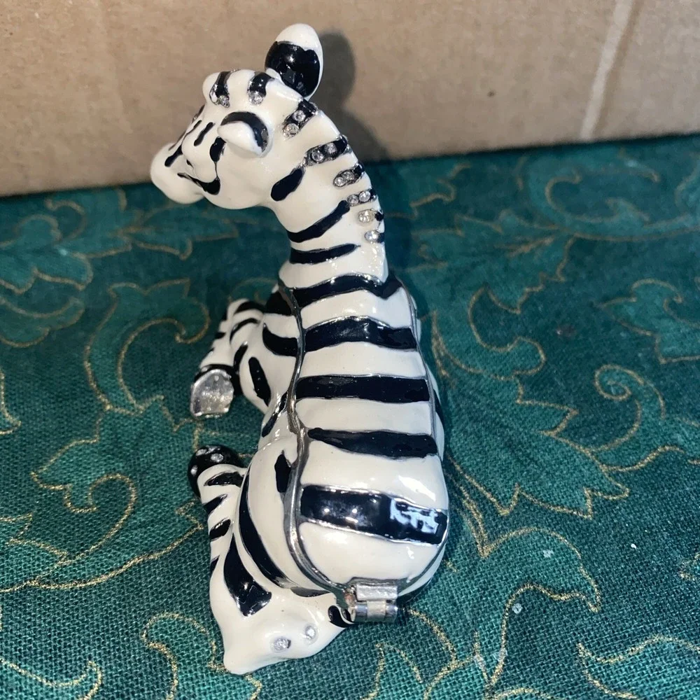 Vintage Enamel Zebra Jewelry /‎ Trinket Box W/ Crystal Jewels